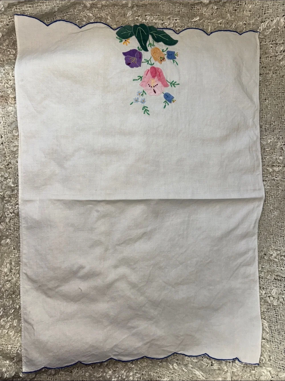 100% Cotton Embroidered Floral scalloped Tea Towel - Pink, Purple, Yellow, Green